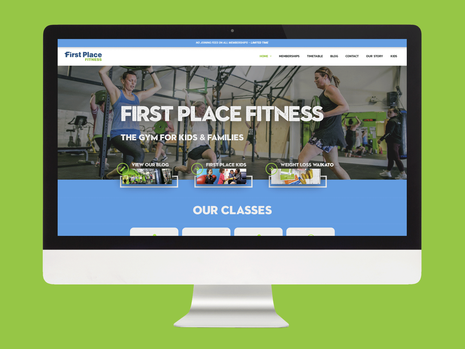showcase of First Place Fitness website shown on desktop device