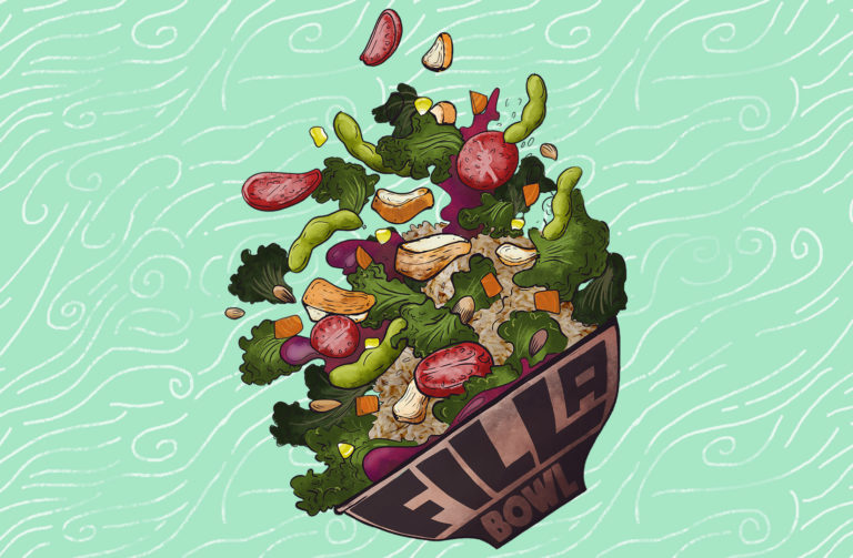 Fillabowl branding showing large bowl with illustrated food elements flying out of it