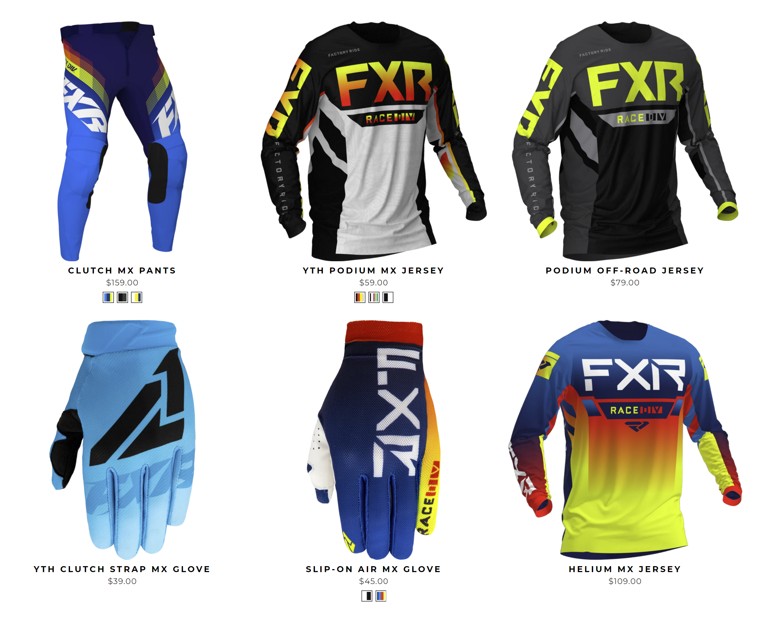 Showcase of clothing for FXR website showing colour swatches